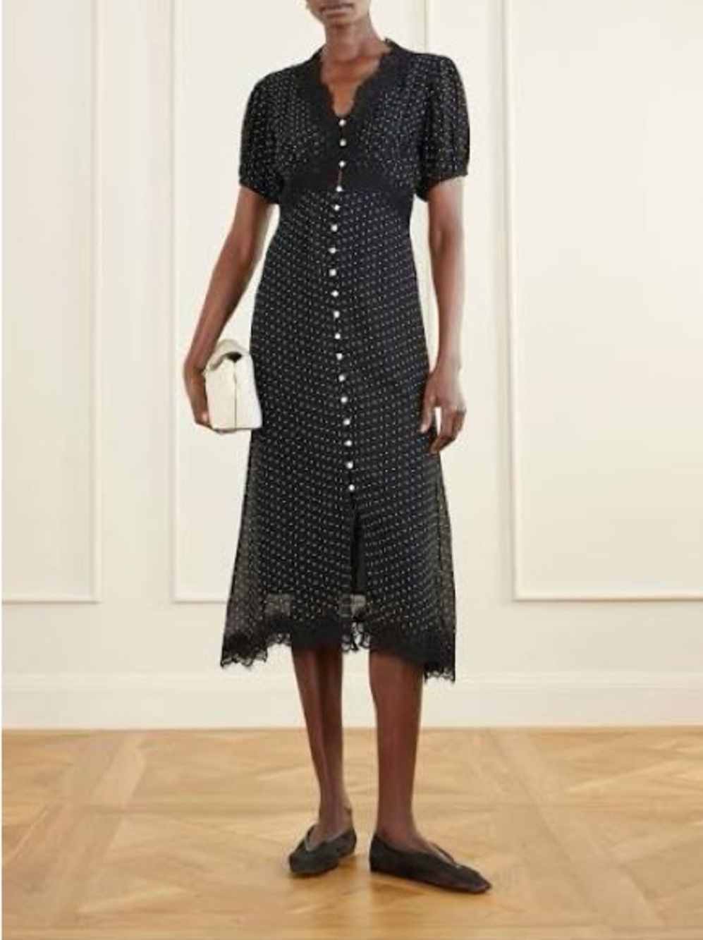 Sea New York Black Polka-Dot Button-Front Midi Dress